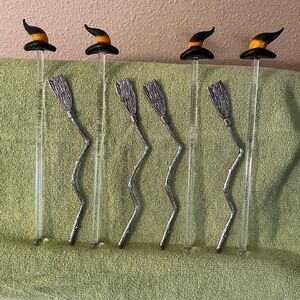 Blown Glass Witch Hat Stir Sticks Metal Broom Stir Sticks lot of 8!